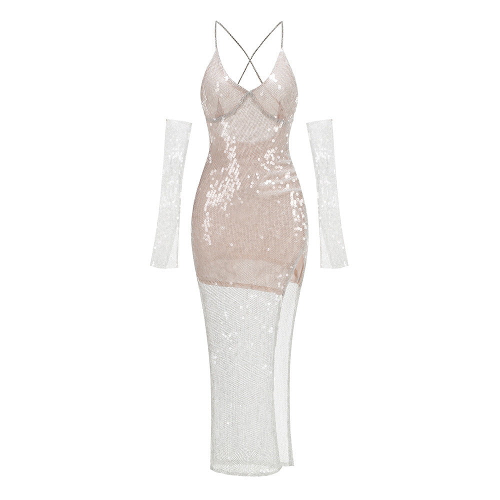 AM Vision RO One-Shoulder Sequin Gown with Sheer Sleeves and Slim Fit Design