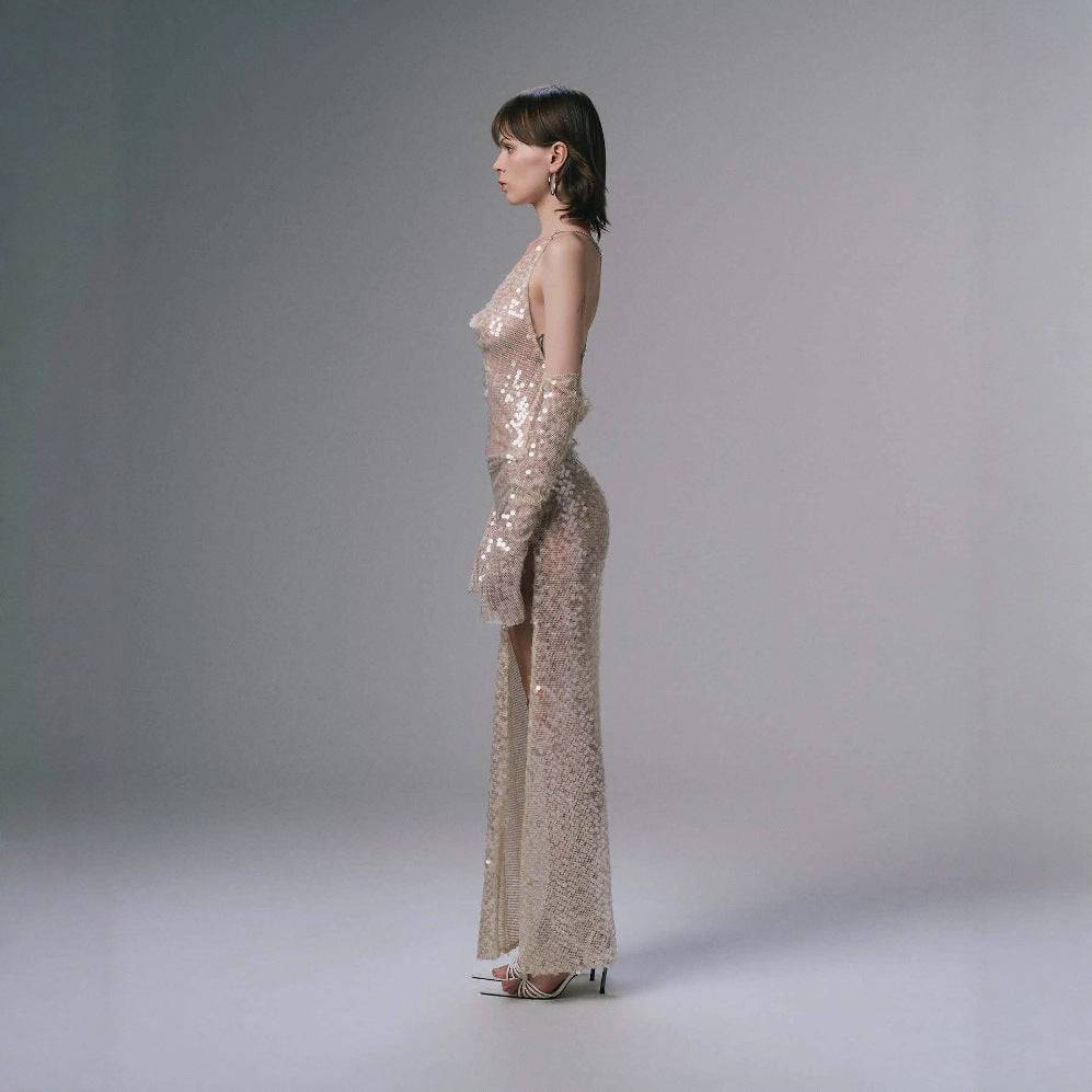 Elegant One-Shoulder Sequin Gown in Nude with a Slit and Sheer Sleeves for Evening Events