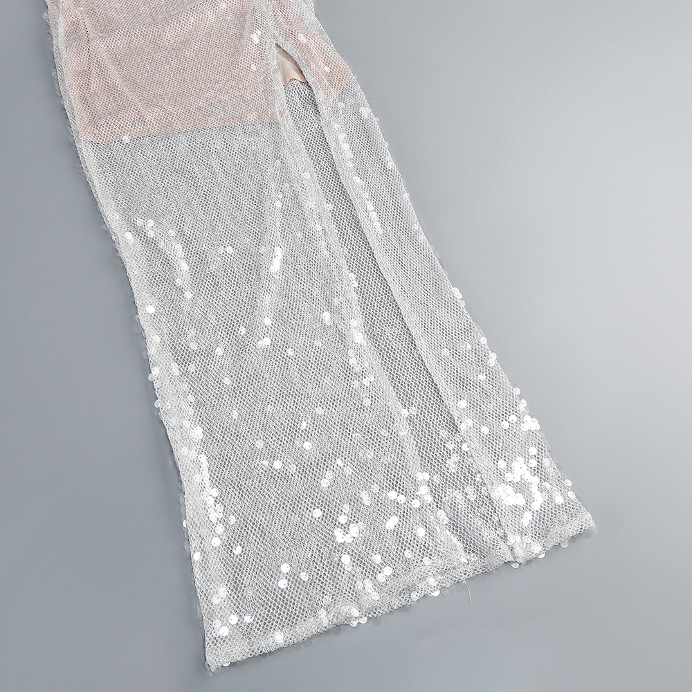 AM Vision RO One-Shoulder Sequin Gown with Elegant Design and Sheer Detail