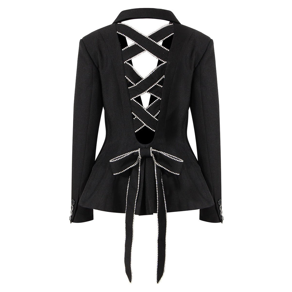 Open Back Blazer with Decorative Stone Lacing featuring a unique lace-up design and a stylish peplum silhouette