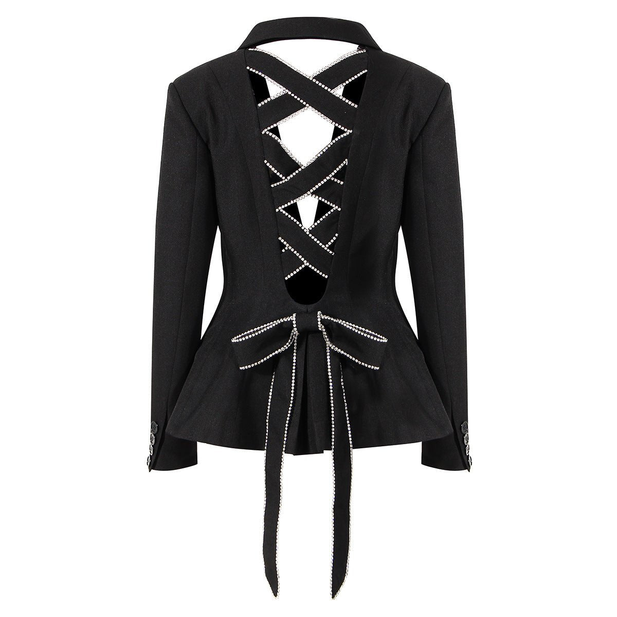 Open Back Blazer with Decorative Stone Lacing featuring a unique lace-up design and a stylish peplum silhouette