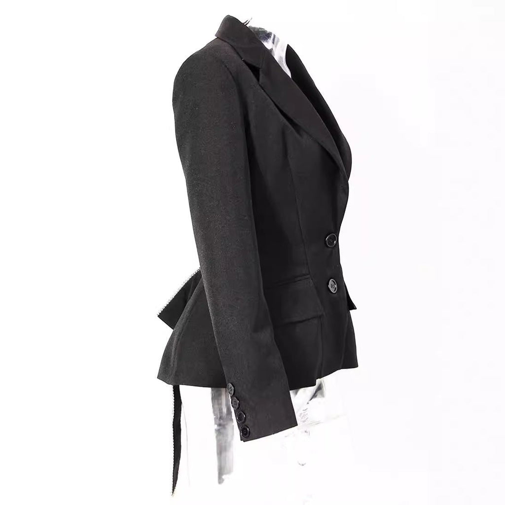 Side view of an Open Back Blazer with Decorative Stone Lacing featuring a tailored fit and elegant design