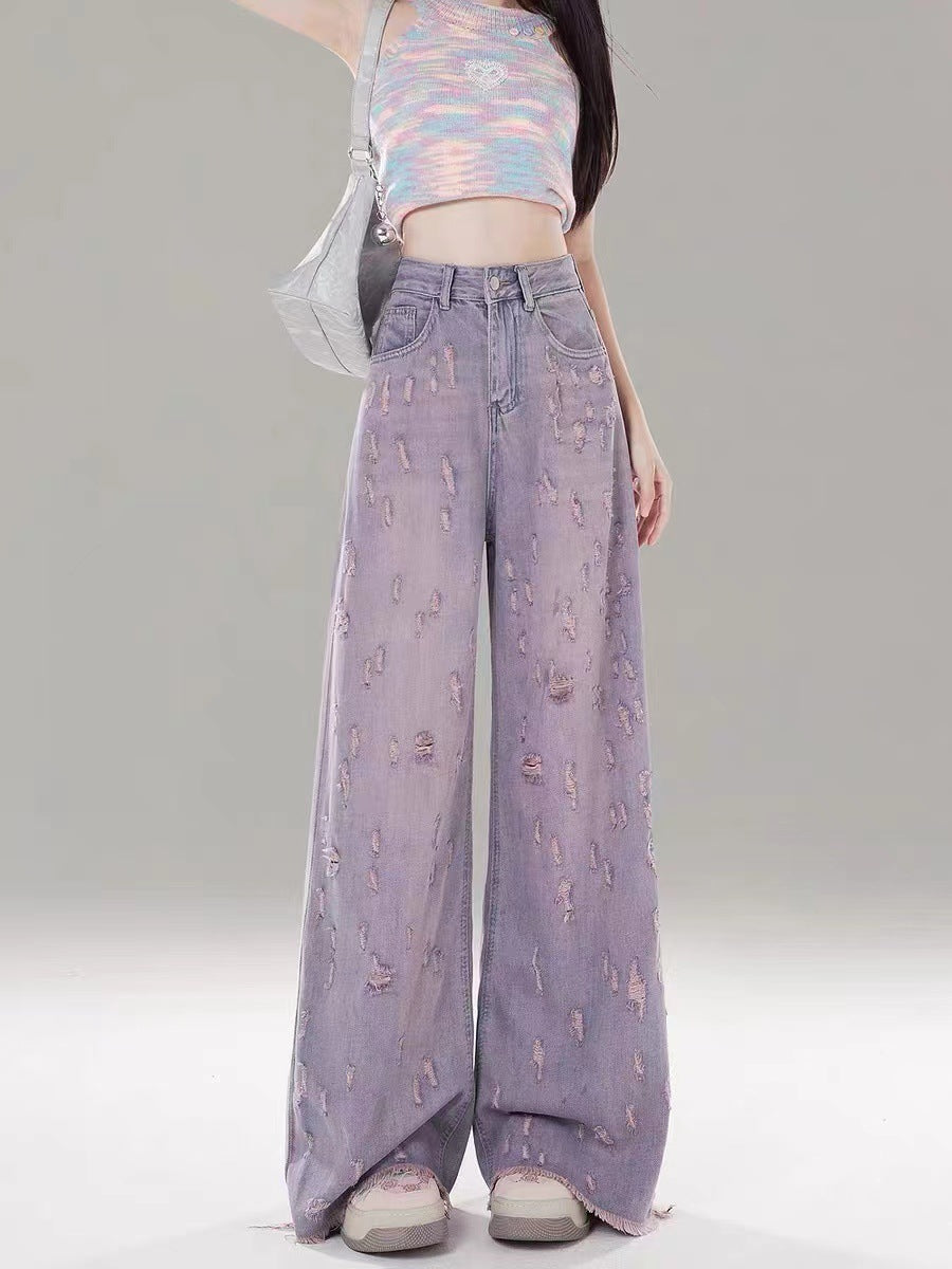 Orchid Breeze High-Waist Street Denim in light lavender with distressed detailing and wide-leg fit