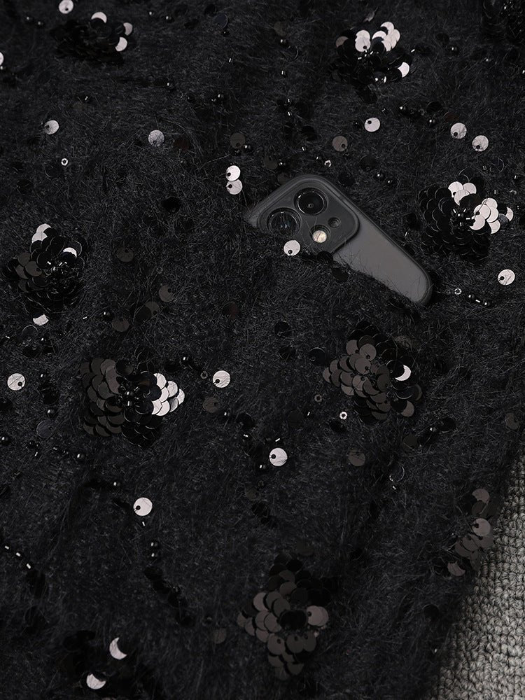 Stylish Oversize Jacket with Applications featuring black sequins and a hidden phone pocket