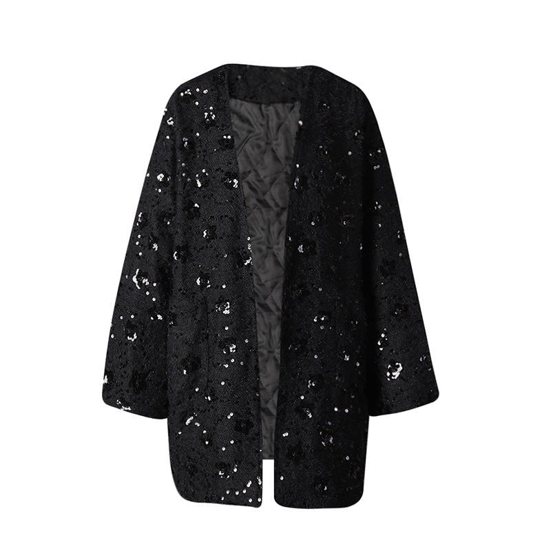 Stylish Oversize Jacket with Applications in black featuring a sequin design for a trendy look