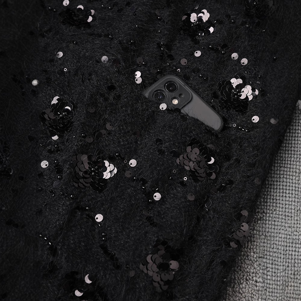 Black Oversize Jacket with Applications featuring sequin embellishments and a hidden pocket for phone storage