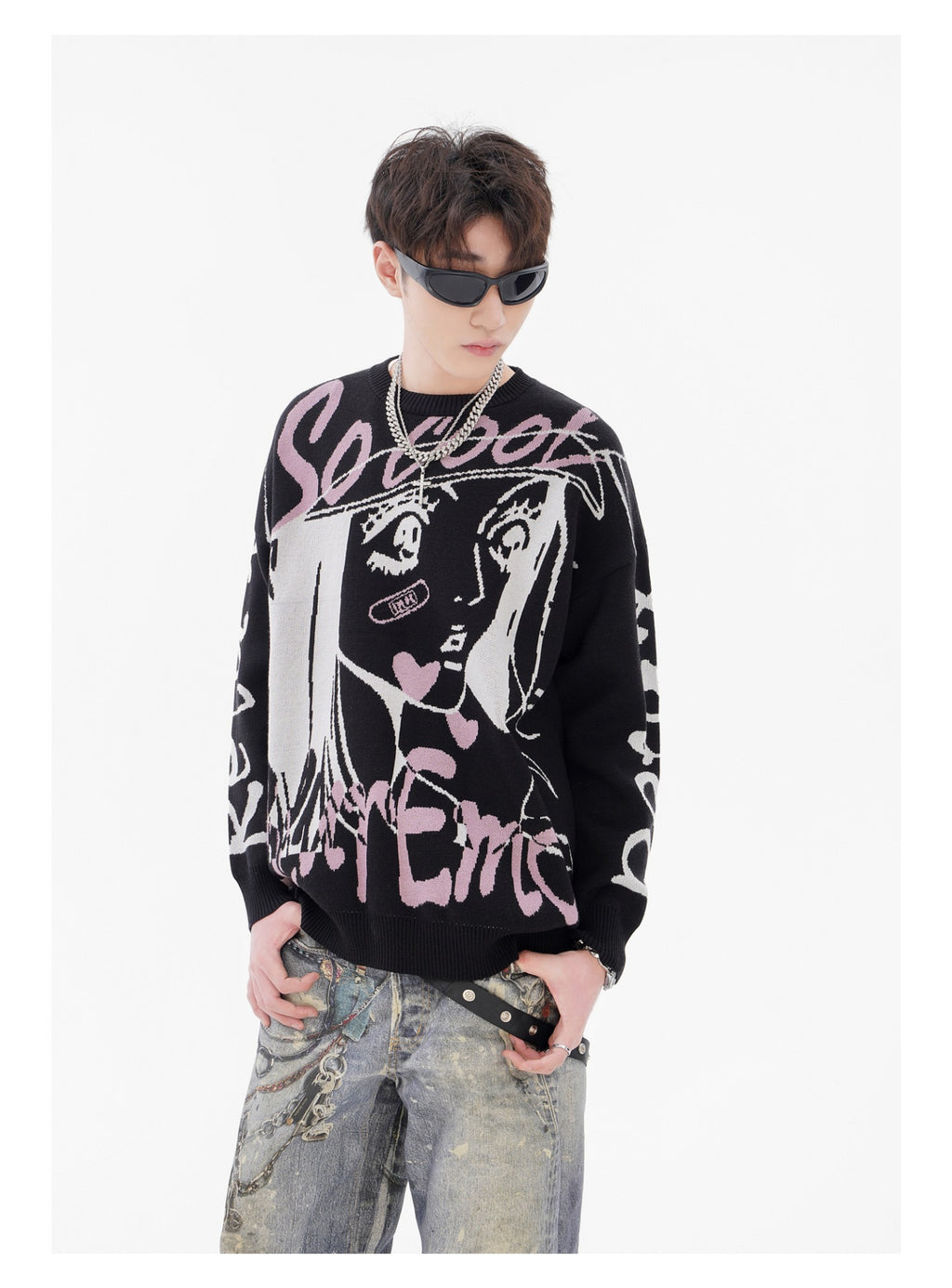 Stylish Oversized Anime Sweater featuring bold graphic design and comfortable fit