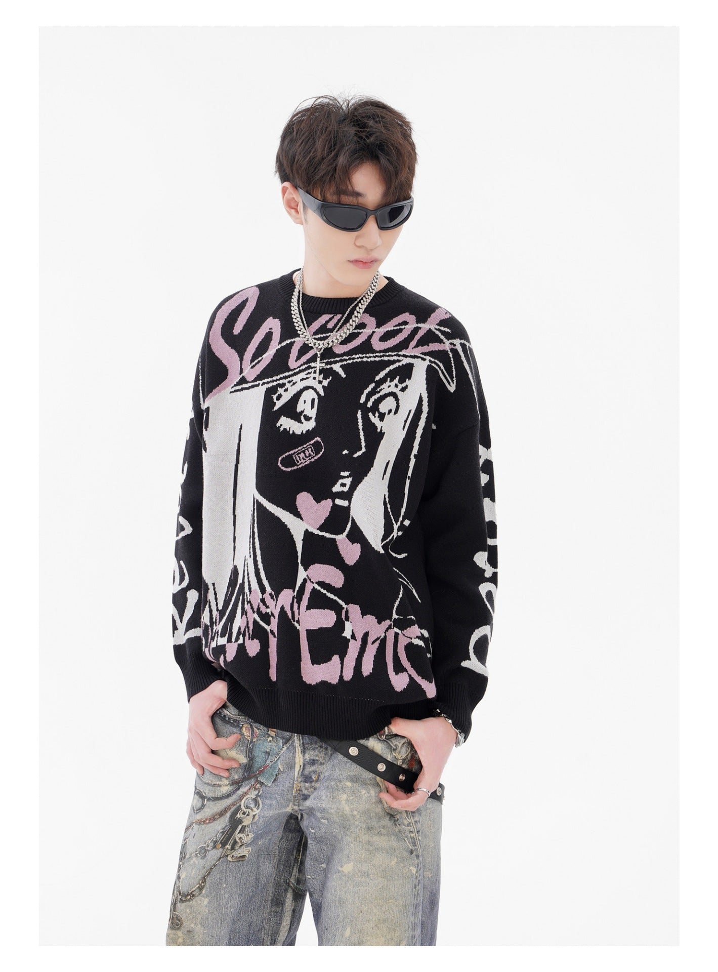 Stylish Oversized Anime Sweater featuring bold graphic design and comfortable fit
