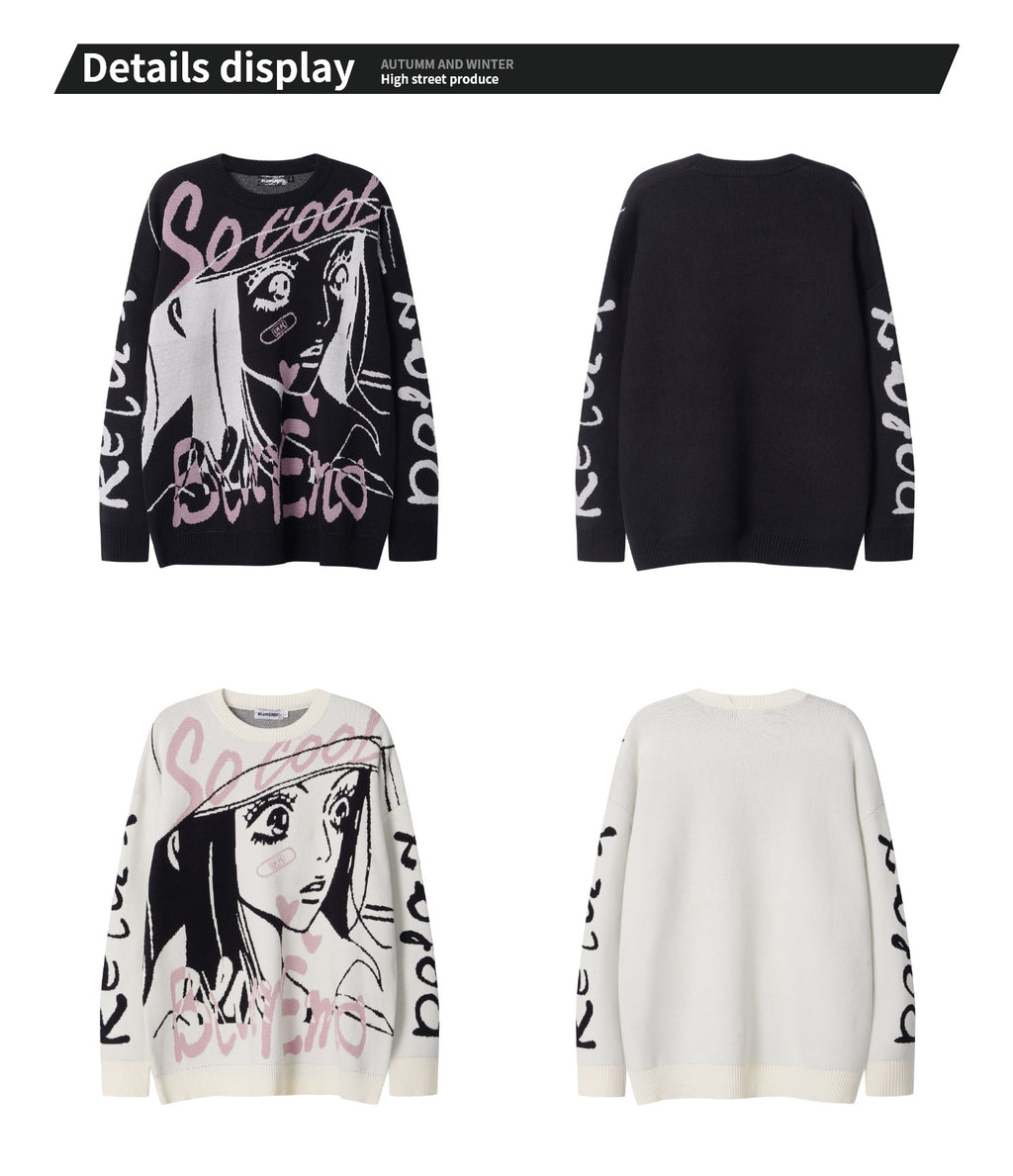 Oversized Anime Sweater in Black and White with Graphic Design for Casual Streetwear Style