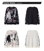 Oversized Anime Sweater in Black and White with Graphic Design for Casual Streetwear Style