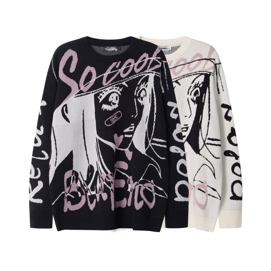 Oversized Anime Sweater featuring unique graphic designs on black and white backgrounds