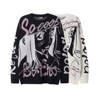 Oversized Anime Sweater featuring unique graphic designs on black and white backgrounds