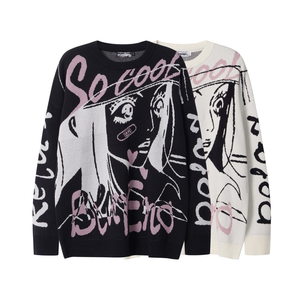 Oversized Anime Sweater featuring unique graphic designs on black and white backgrounds