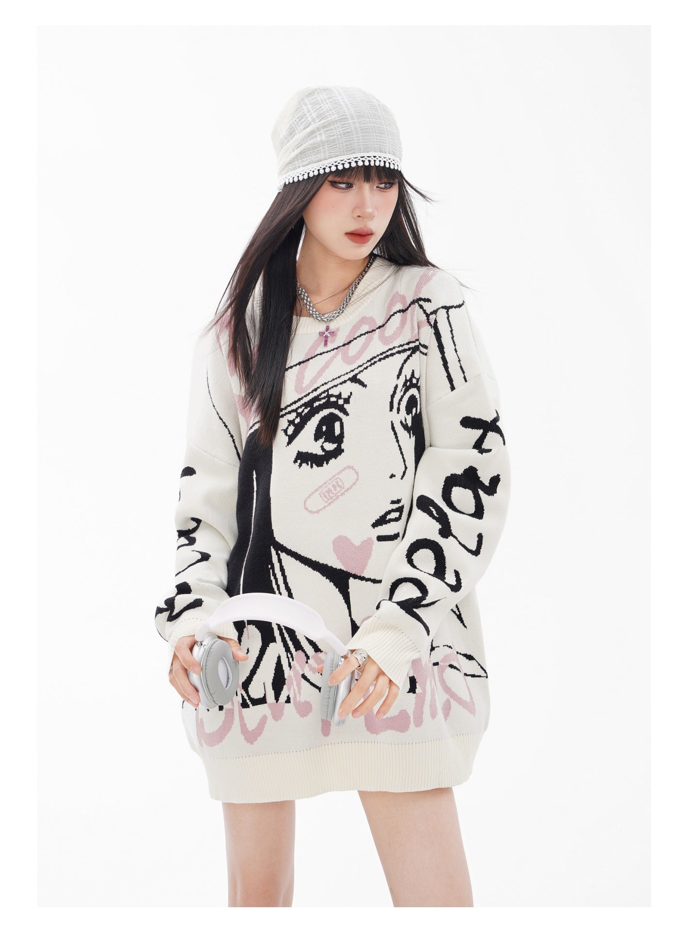 Stylish oversized anime sweater by AM Vision RO with unique graphic design and comfortable fit