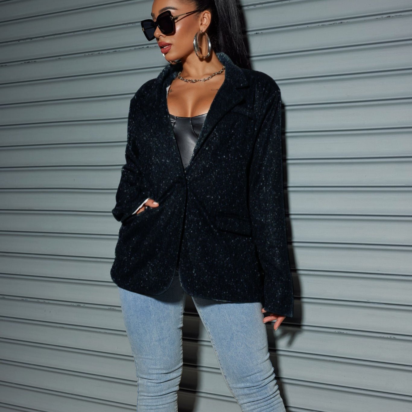 Chic Black Oversized Sequin Cardigan Blazer with Pockets, Perfect for Stylish Layering