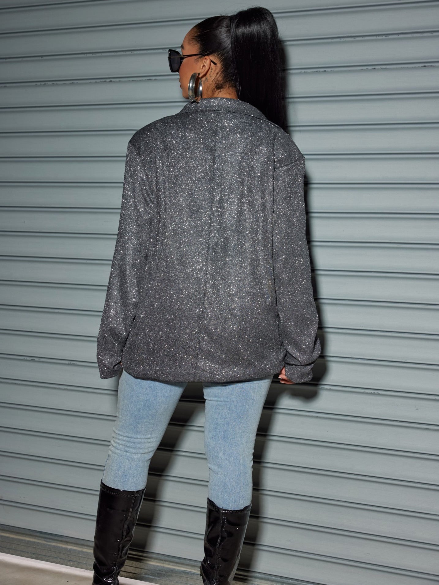 Oversized Sequin Cardigan Blazer in gray, featuring a relaxed fit for a stylish, trendy look