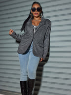 Oversized Sequin Cardigan Blazer in Sparkling Grey, styled with high-waisted jeans and boots