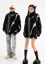 Oversized Sweater With Dark Street Design And Distressed Details on model with stylish accessories