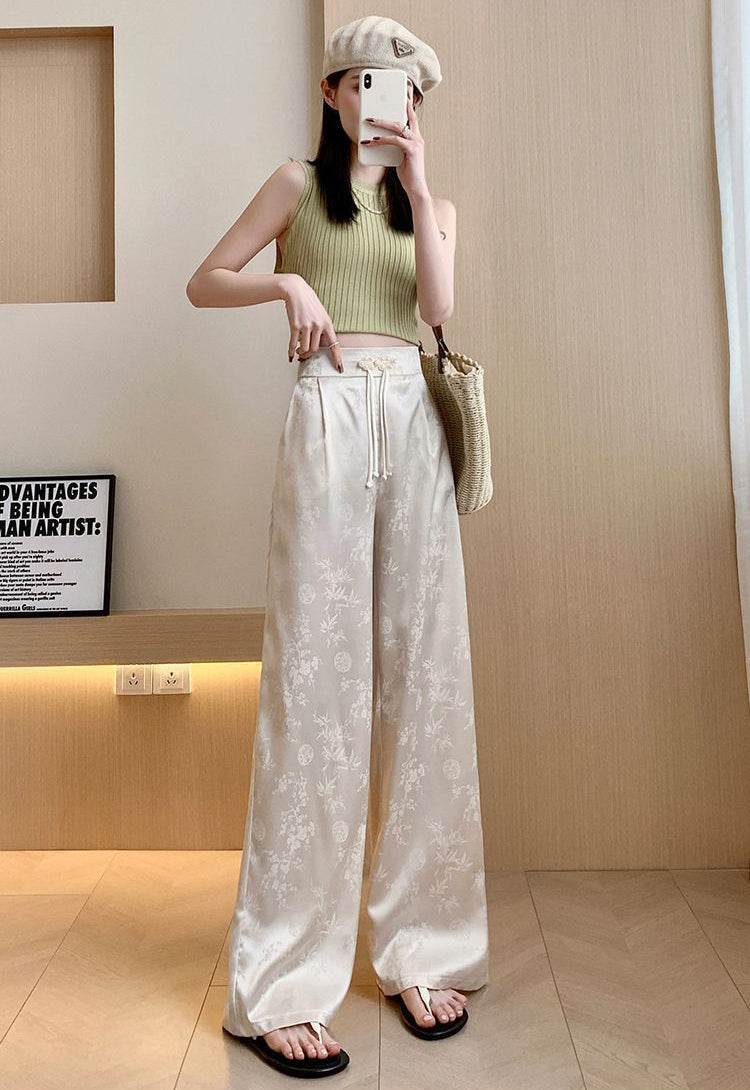Pantaloni largi albi cu imprimeu floral subtil pentru femei stil casual elegant