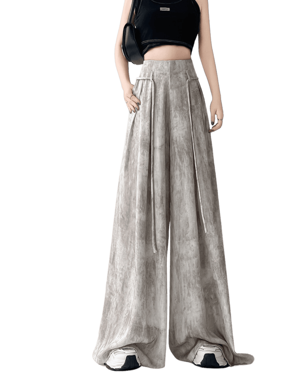 Pantaloni casual wide-leg gri de la AM Vision RO cu talie înaltă și croială largă confortabilă