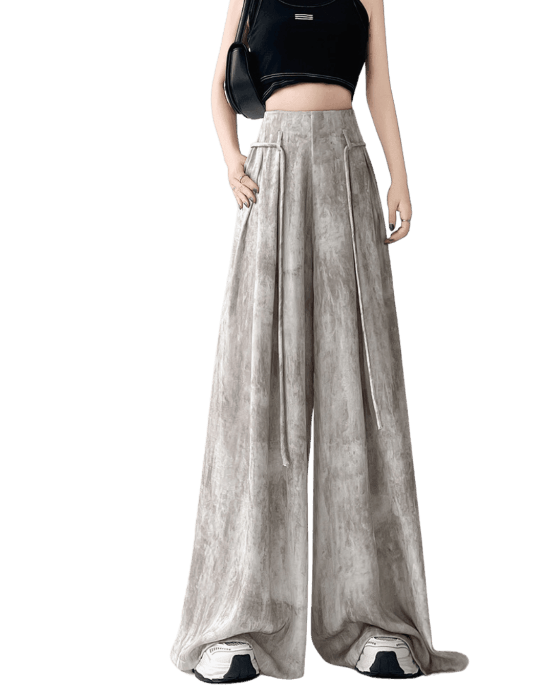 Pantaloni casual wide-leg gri de la AM Vision RO cu talie înaltă și croială largă confortabilă