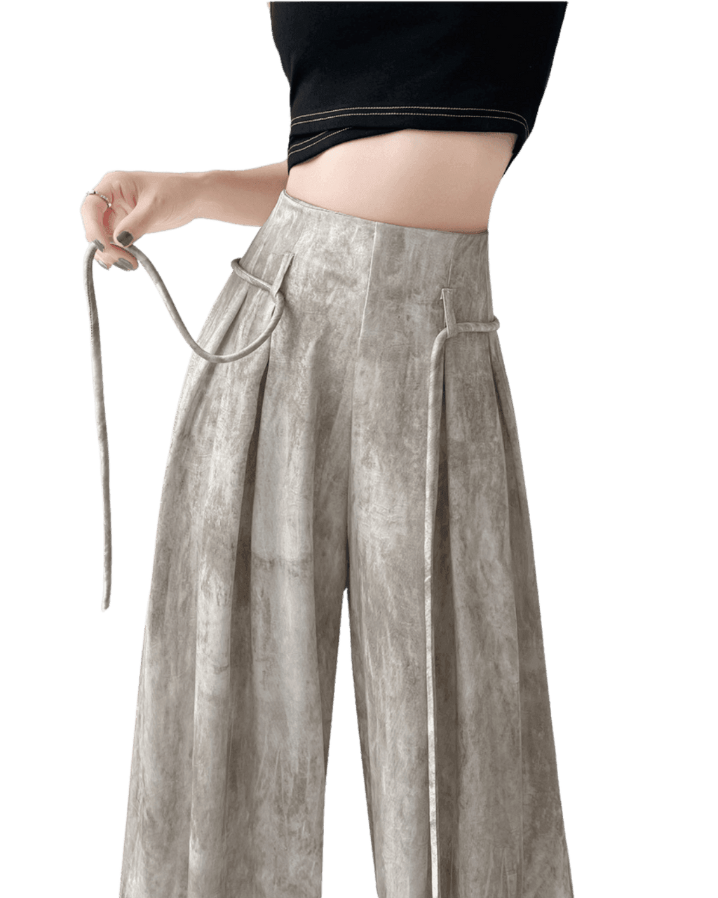 Pantaloni casual wide-leg bej din material texturat cu talie înaltă și curea subțire AM Vision RO