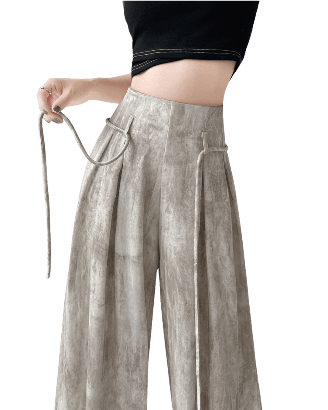 Pantaloni casual wide-leg bej din material texturat cu talie înaltă și curea subțire AM Vision RO