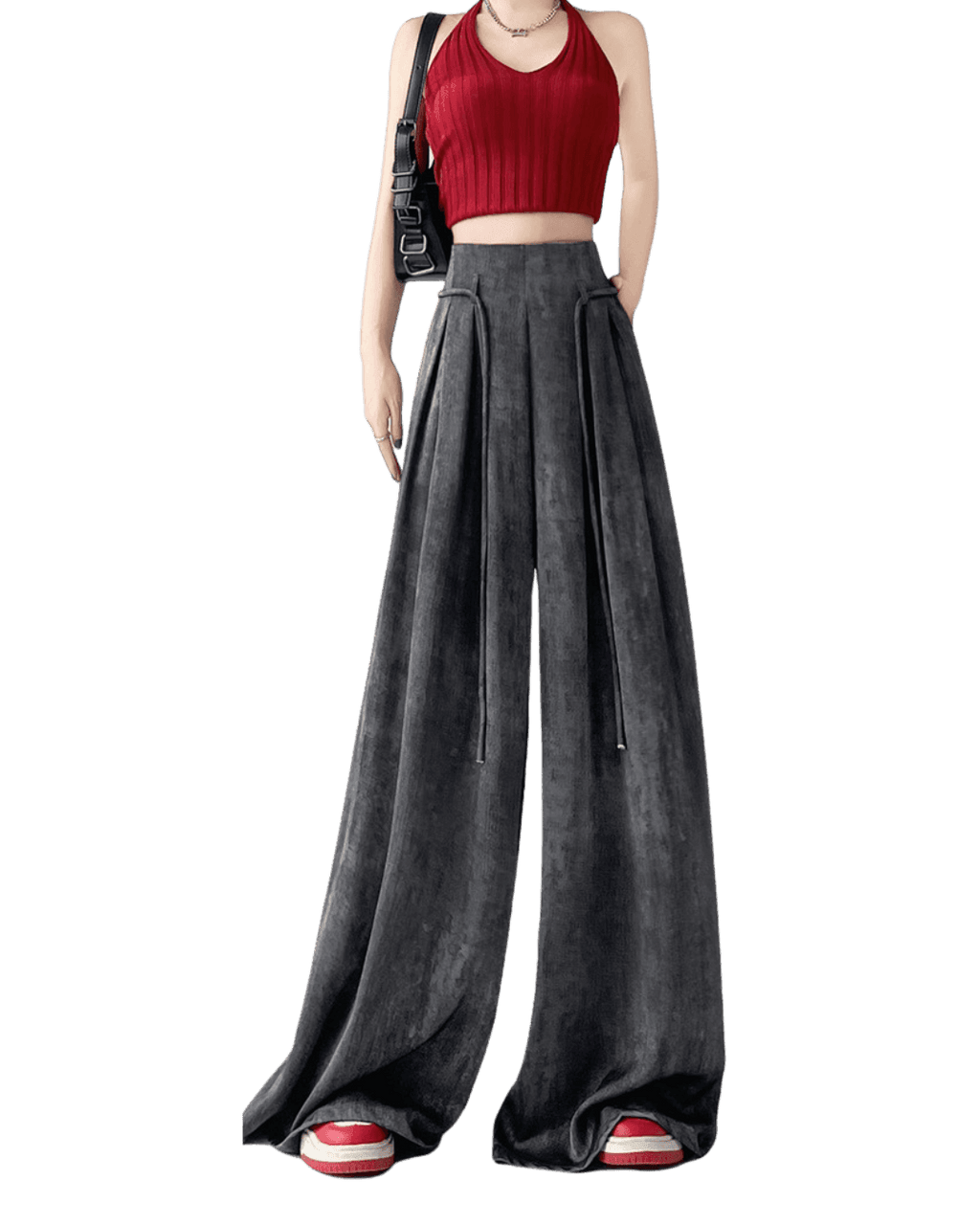 Pantaloni casual wide-leg gri închis din material catifelat, purtați cu top roșu și geantă neagră