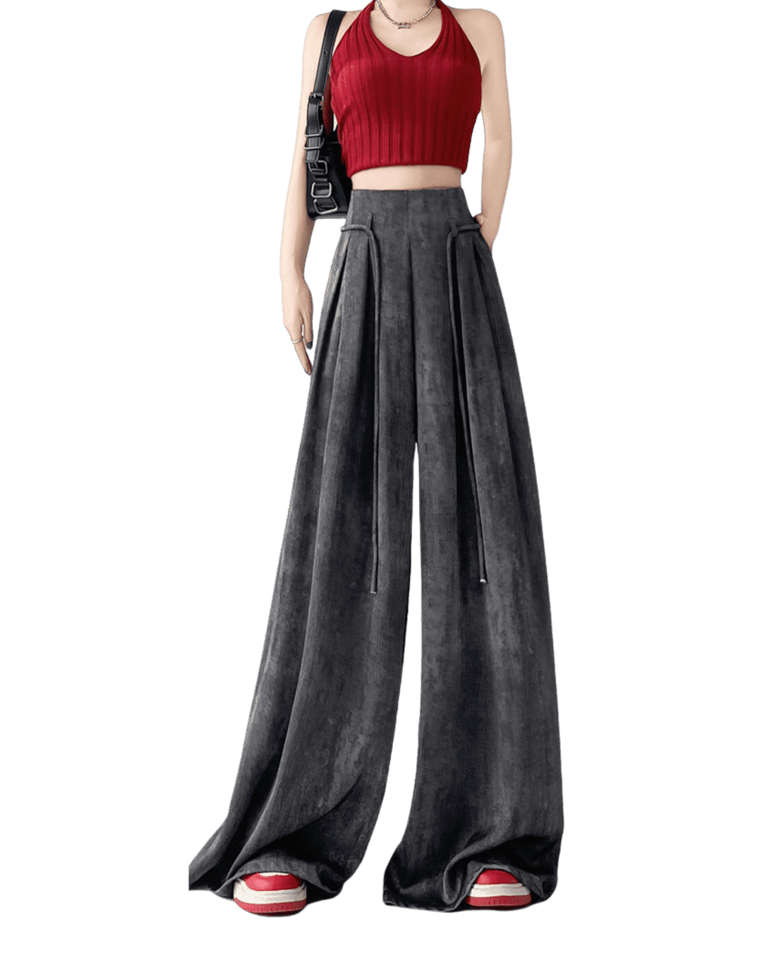 Pantaloni casual wide-leg gri închis din material catifelat, purtați cu top roșu și geantă neagră