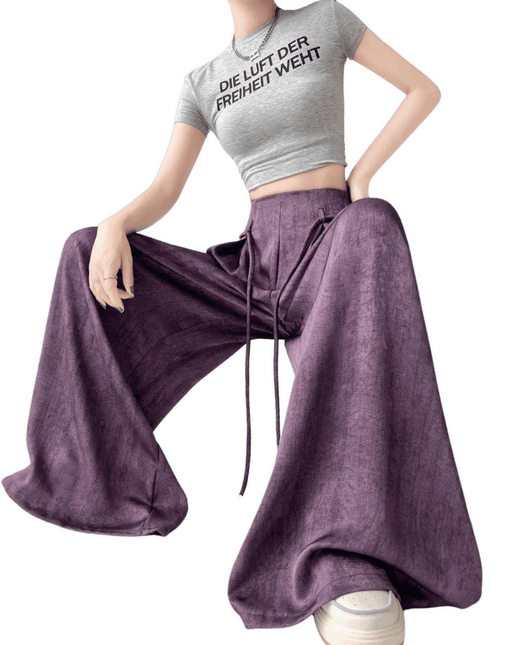 Pantaloni casual wide-leg mov din material moale cu talie inalta si snur ajustabil AM Vision RO