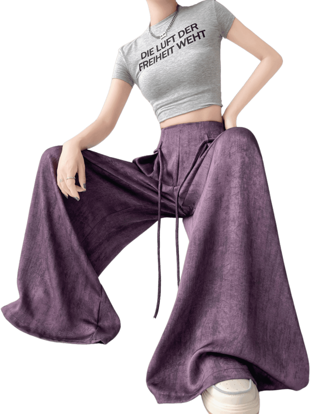 Pantaloni casual wide-leg mov din material moale cu talie inalta si snur ajustabil AM Vision RO