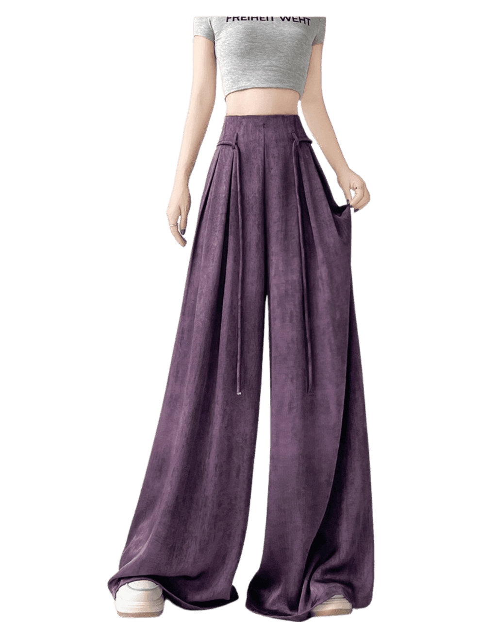 Pantaloni casual wide-leg mov din material catifelat cu talie inalta si buzunare laterale
