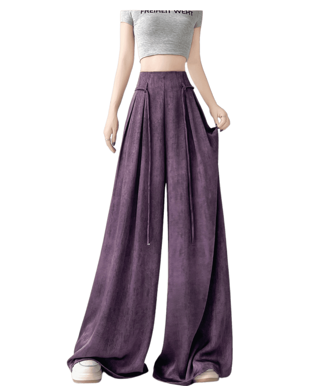 Pantaloni casual wide-leg mov din material catifelat cu talie inalta si buzunare laterale