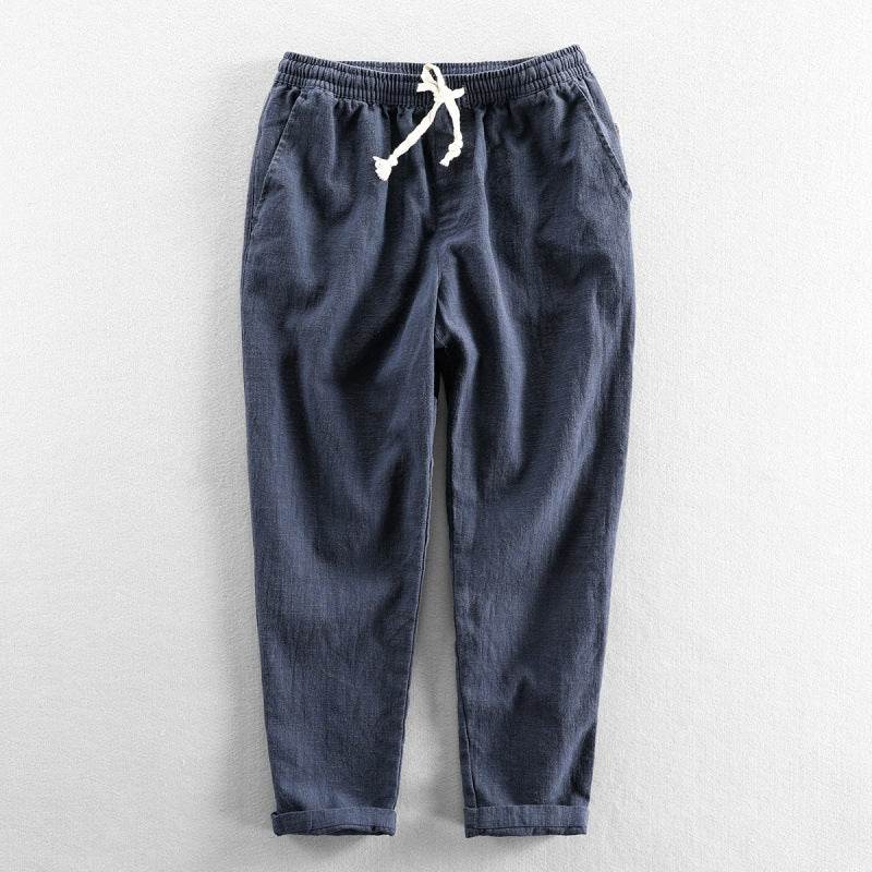 Pantaloni Conici Casual din In pentru Bărbați de culoare albastru închis cu cordon alb și buzunare frontale