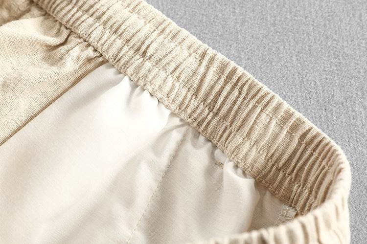 Pantaloni Conici Casual din In pentru Bărbați cu talie elastică bej și interior ușor confortabil
