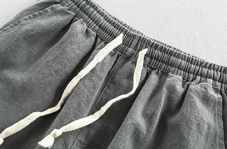 Detaliu talie cu snur alb elastic la Pantaloni Conici Casual din In pentru Bărbați de la AM Vision RO