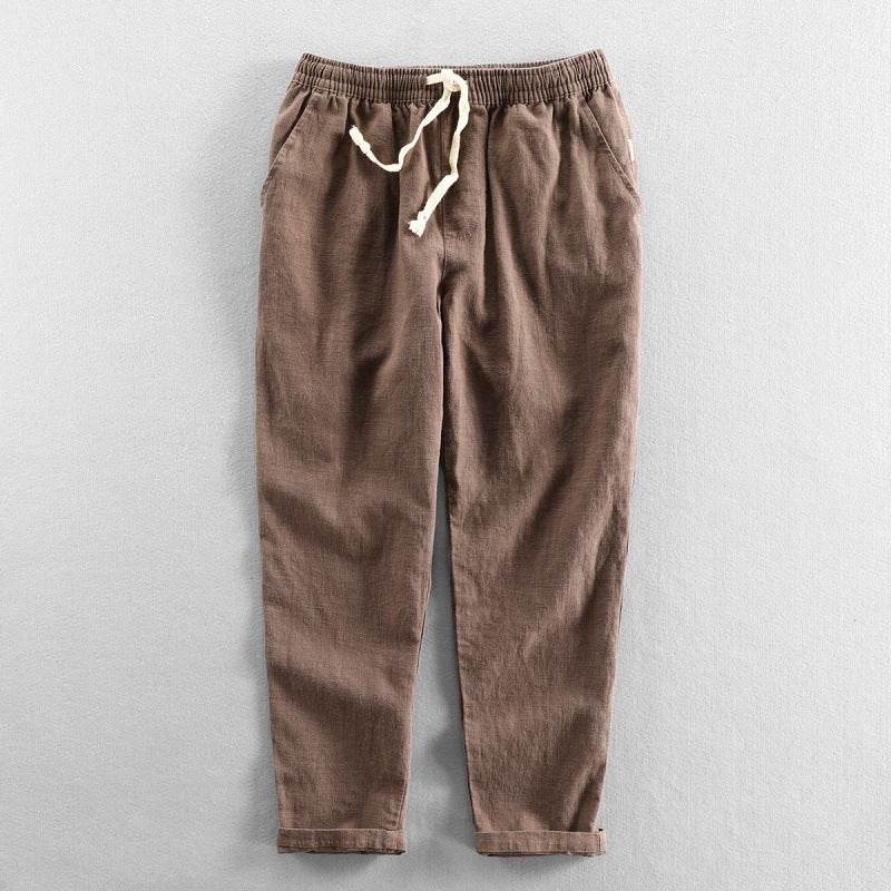 Pantaloni Conici Casual din In pentru Bărbați maro cu talie elastică și șnur alb pentru confort