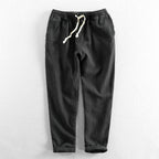 Pantaloni Conici Casual din In pentru Bărbați negri cu talie elastică și snur ajustabil