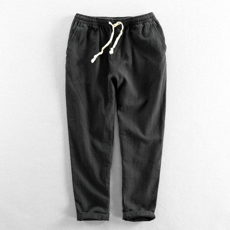 Pantaloni Conici Casual din In pentru Bărbați negri cu talie elastică și snur ajustabil