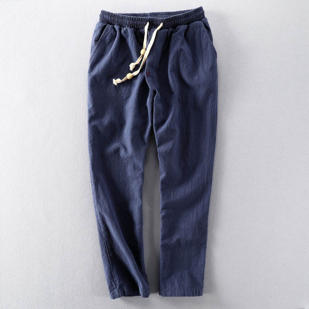 Pantaloni de toamnă din in albaștri cu talie elastica și șnur alb pentru confort maxim