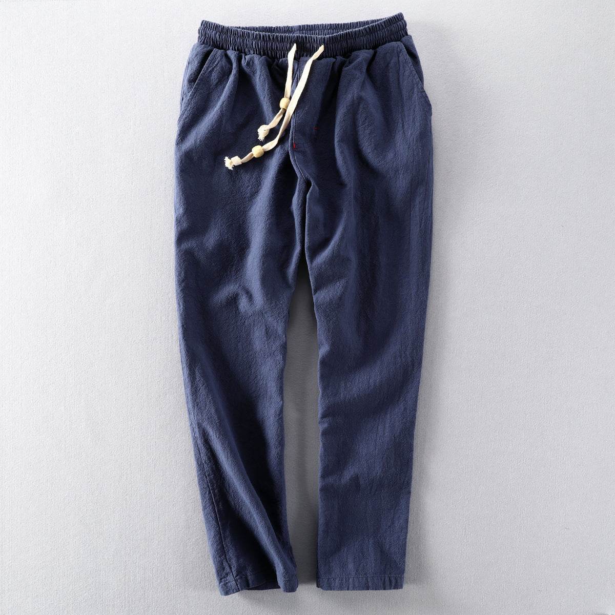 Pantaloni de toamnă din in albaștri cu talie elastica și șnur alb pentru confort maxim