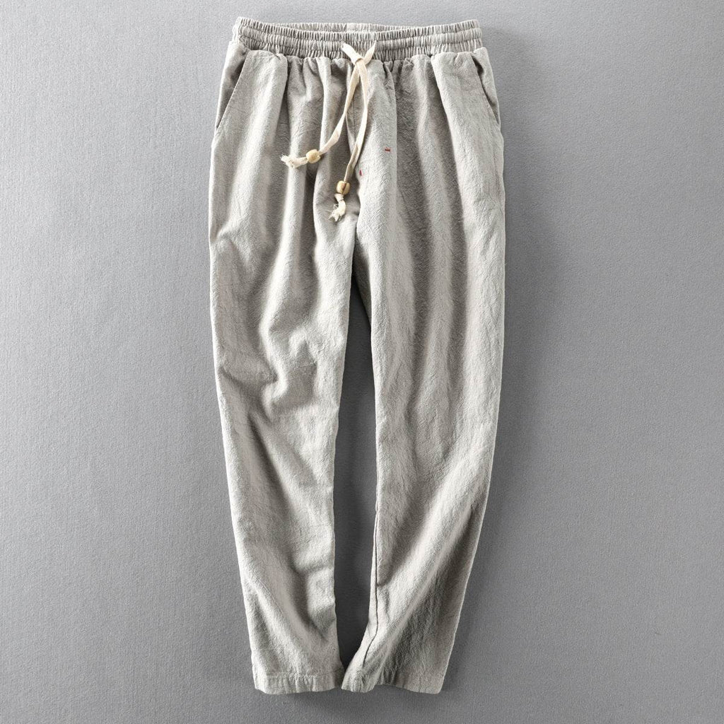 Pantaloni de toamnă din in bej cu talie elastică și șnur de ajustare pentru confort sporit