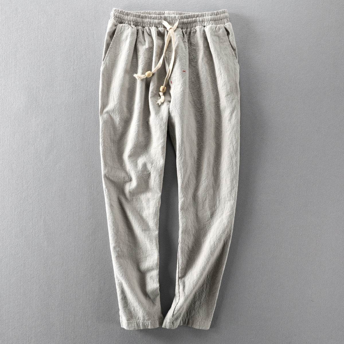 Pantaloni de toamnă din in bej cu talie elastică și șnur de ajustare pentru confort sporit