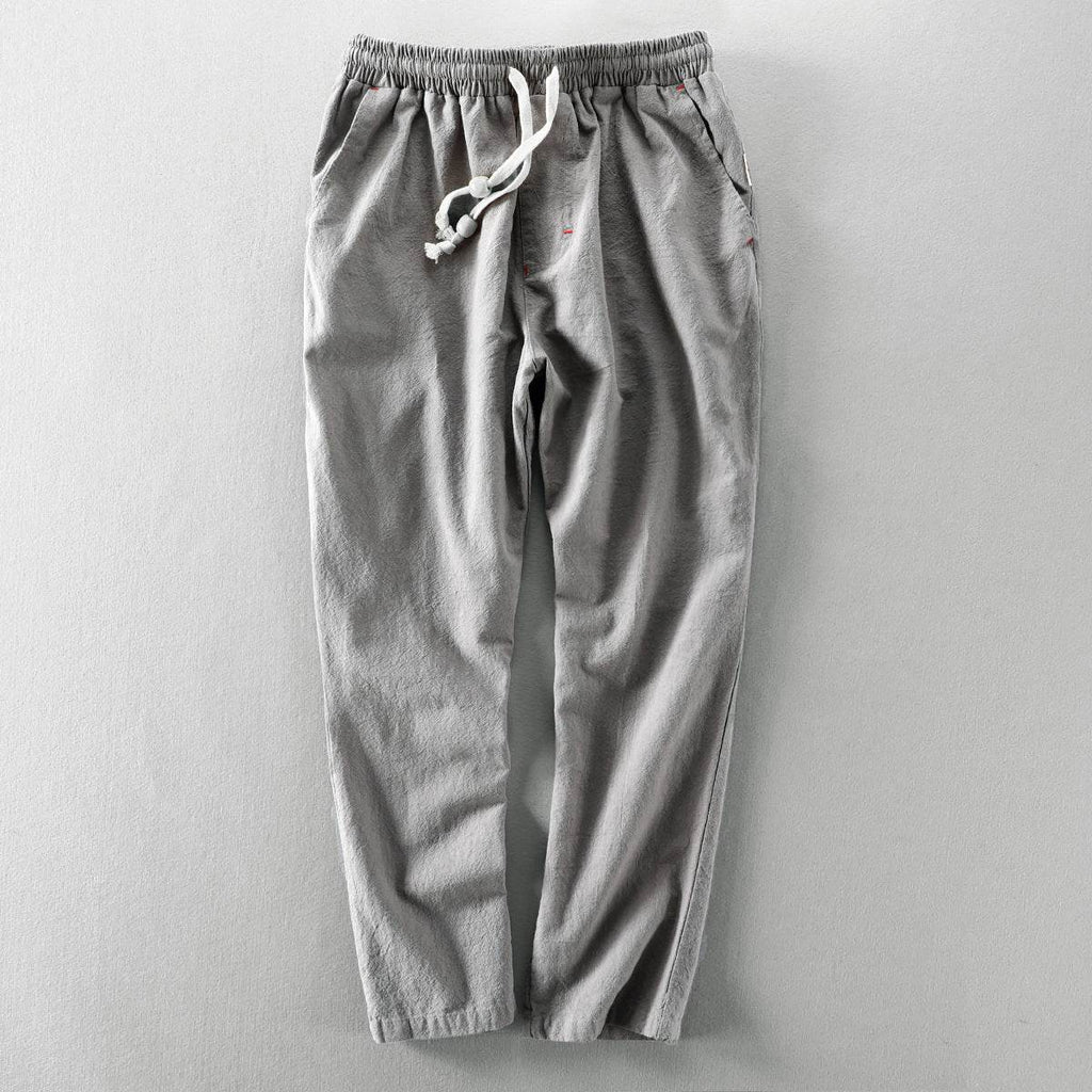 Pantaloni de toamnă din in gri cu snur alb si buzunare laterale confortabili