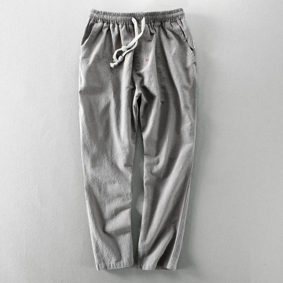 Pantaloni de toamnă din in gri cu snur alb si buzunare laterale confortabili