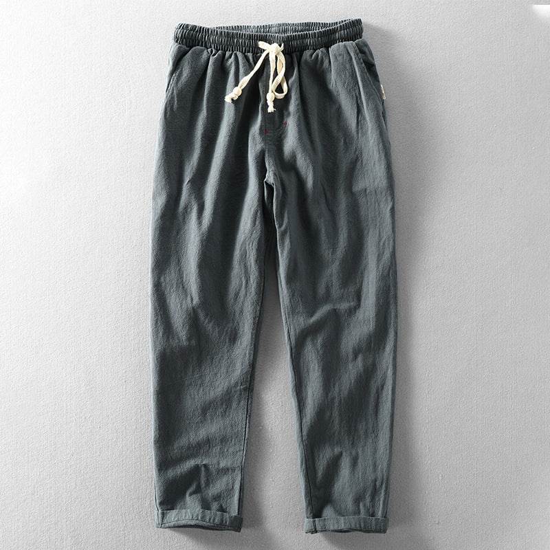Pantaloni de toamnă din in gri cu talie elastică și șnur pentru ajustare confortabilă