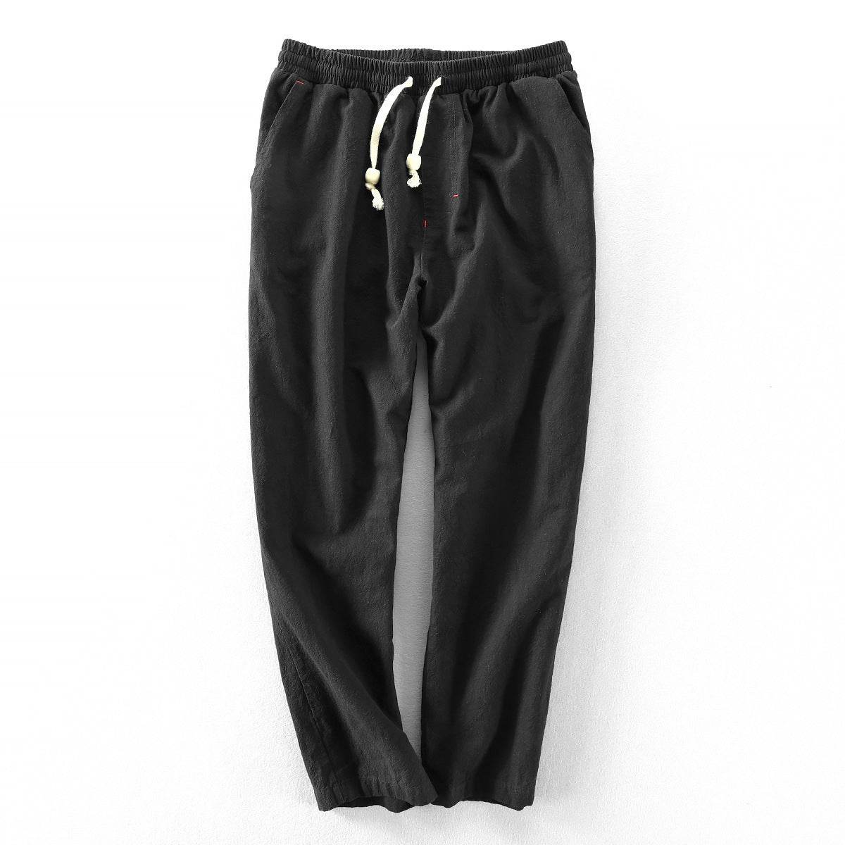 Pantaloni de toamnă din in negri cu talie elastică și șnur alb pentru ajustare confortabilă