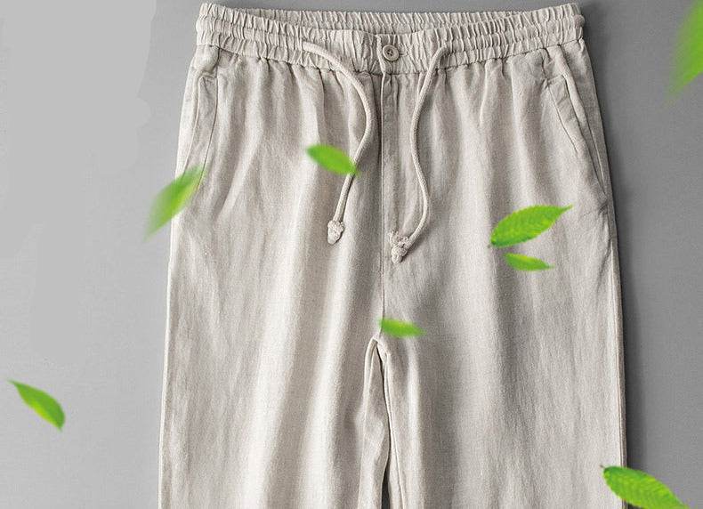 Pantaloni din in pentru bărbați bej deschis cu talie elastică și șnur de ajustare