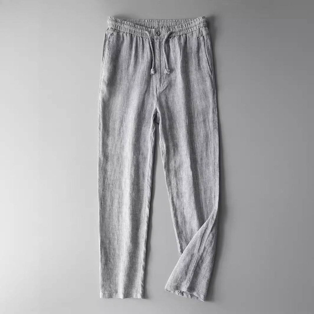 Pantaloni din in pentru bărbați gri deschis cu talie elastică și cordon de reglare