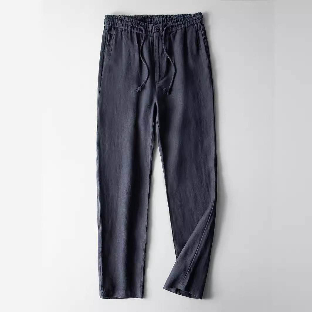 Pantaloni din in pentru bărbați în culoare bleumarin cu talie elastică și șnur de ajustare